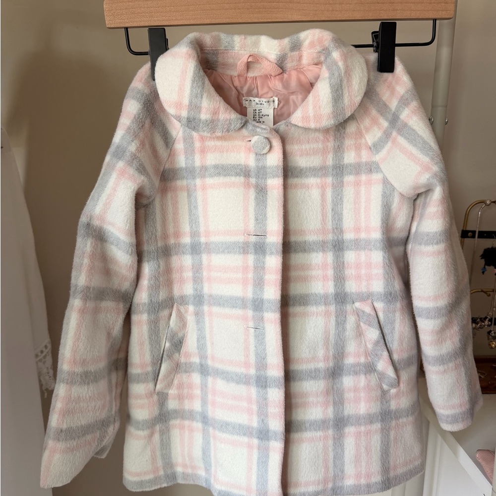 Max Studio Pink and Gray Plaid Kids Pea Coat